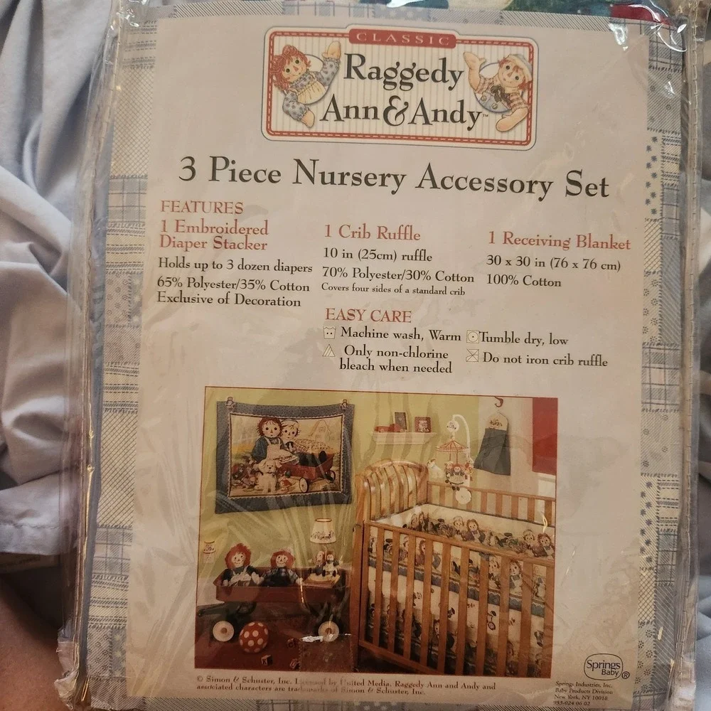 Vtg Springs Baby Raggedy Ann & Andy‎ 3 Pc Nursery Crib Ruffle Diaper Stacker Set